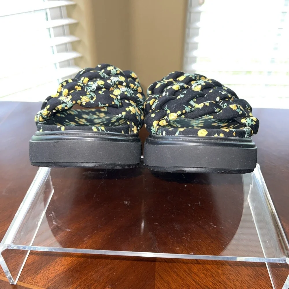 Kurt Geiger Vegan Black Yellow Floral Woven Chunky Slides Sandals Sz 7 Cottage